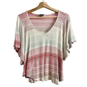 Ella Moss SMALL Cream Red Striped Knit Top Flutter Sleeve Handkerchief Hem